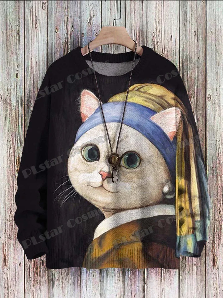 Aurora | All-Over Cat Art Knit Pullover