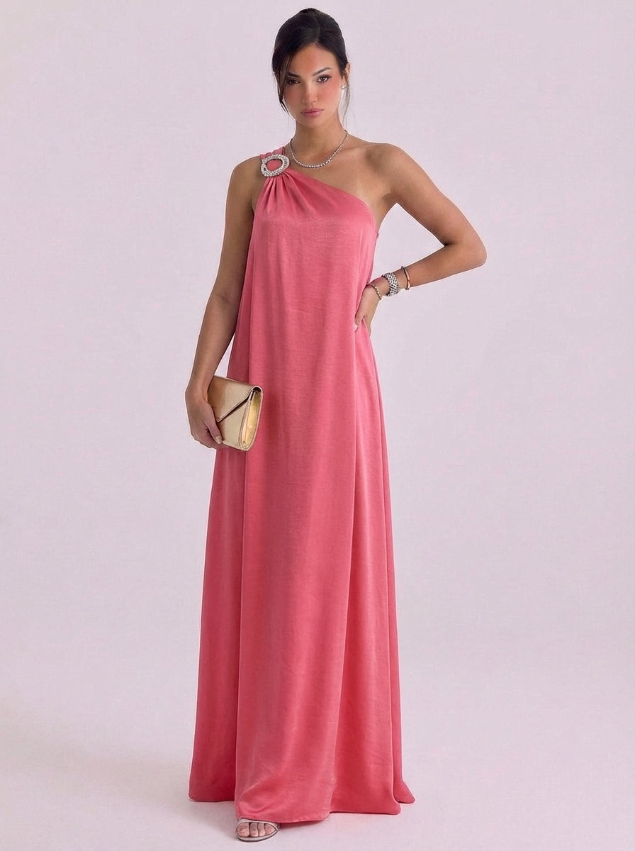 Fionnuala | Satin Crystal Brooch One-Shoulder Gown Floor Length