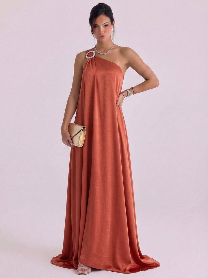 Fionnuala | Satin Crystal Brooch One-Shoulder Gown Floor Length