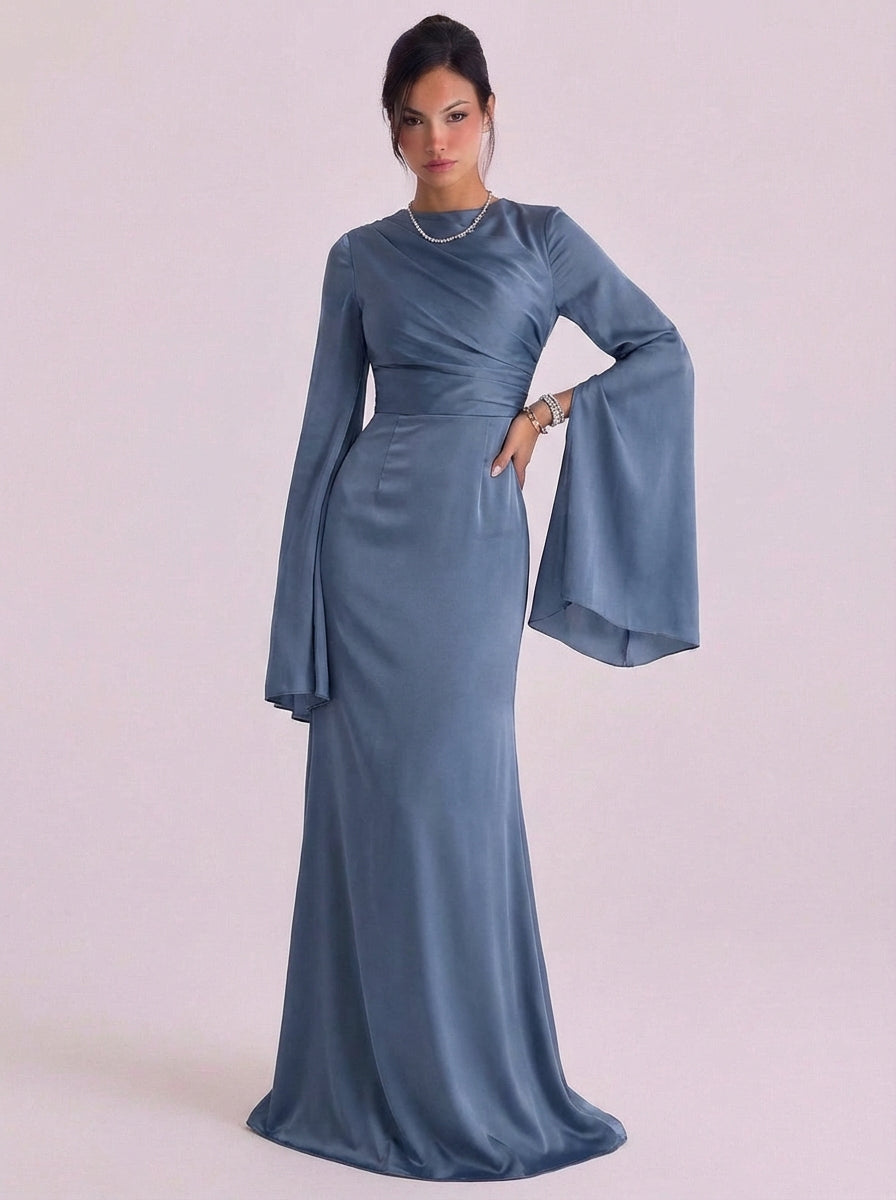 Tearlach | Satin Bell Sleeve Gown Floor Length Fitted