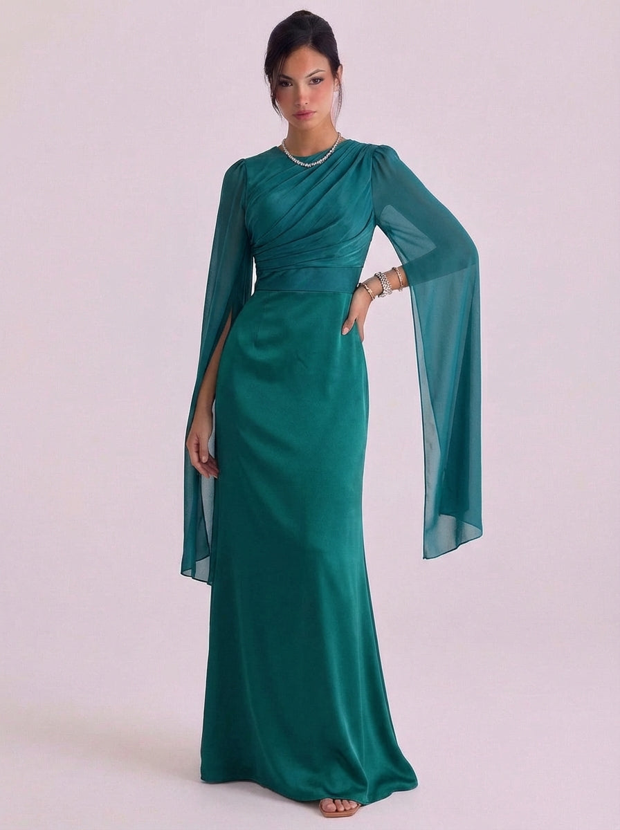 Tearlach | Satin Bell Sleeve Gown Floor Length Fitted