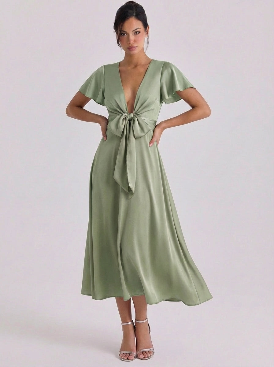 Fenella | Satin Bow Front Deep V Midi Dress Flutter Sleeve
