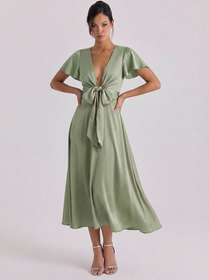 Fenella | Satin Bow Front Deep V Midi Dress Flutter Sleeve