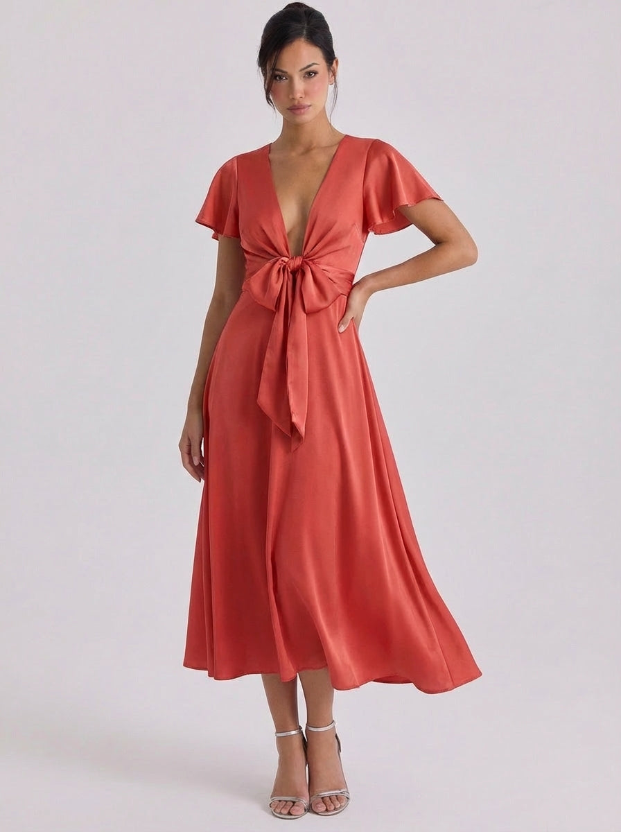 Fenella | Satin Bow Front Deep V Midi Dress Flutter Sleeve