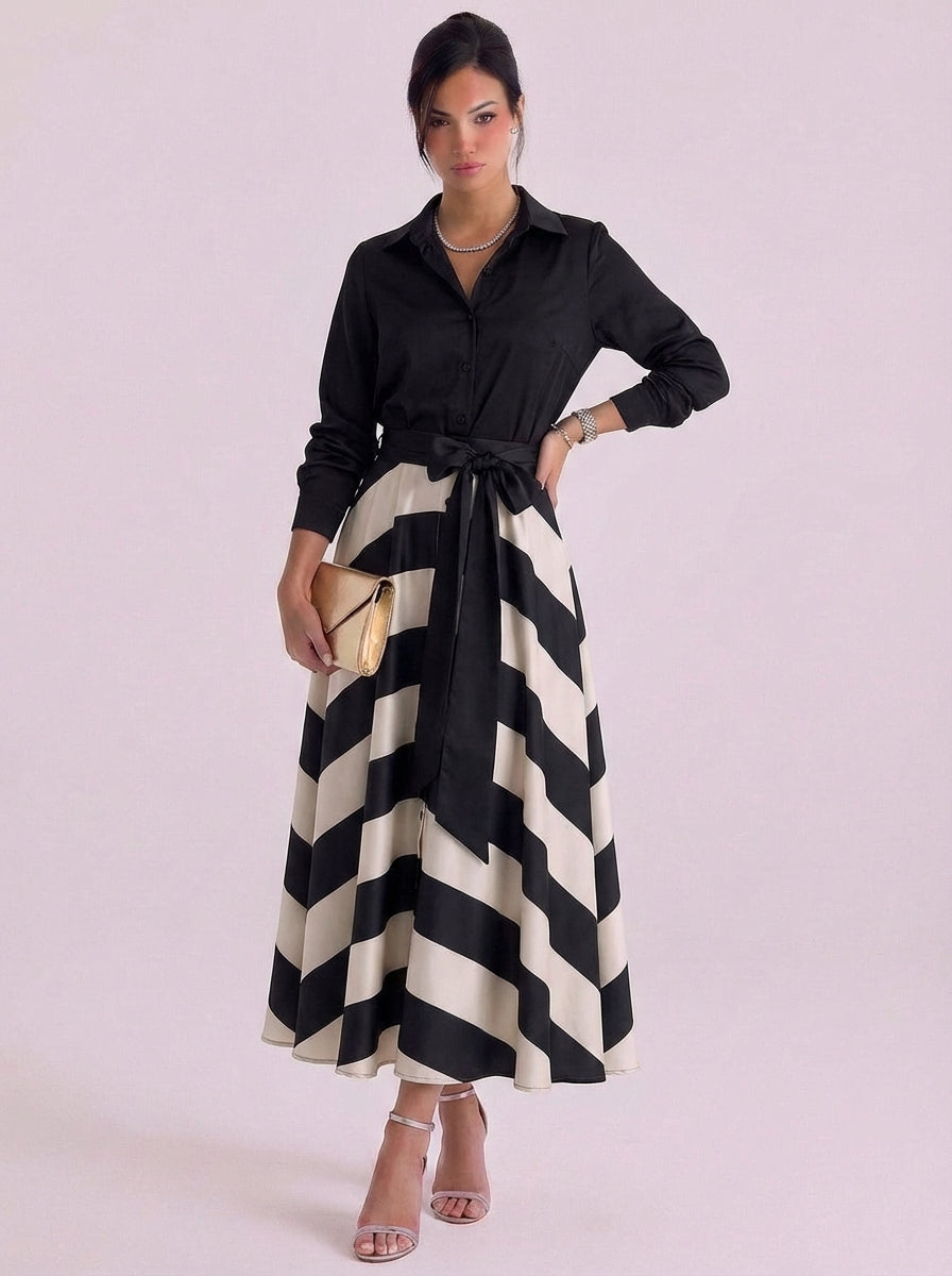 Fingal | Satin Button Front Maxi Dress With Striped Skirt Tie Waist
