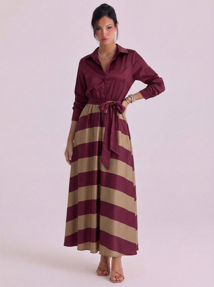 Fingal | Satin Button Front Maxi Dress With Striped Skirt Tie Waist