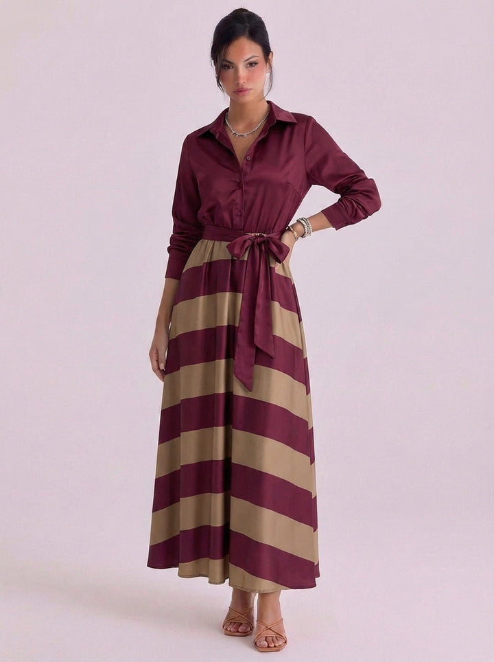Fingal | Satin Button Front Maxi Dress With Striped Skirt Tie Waist