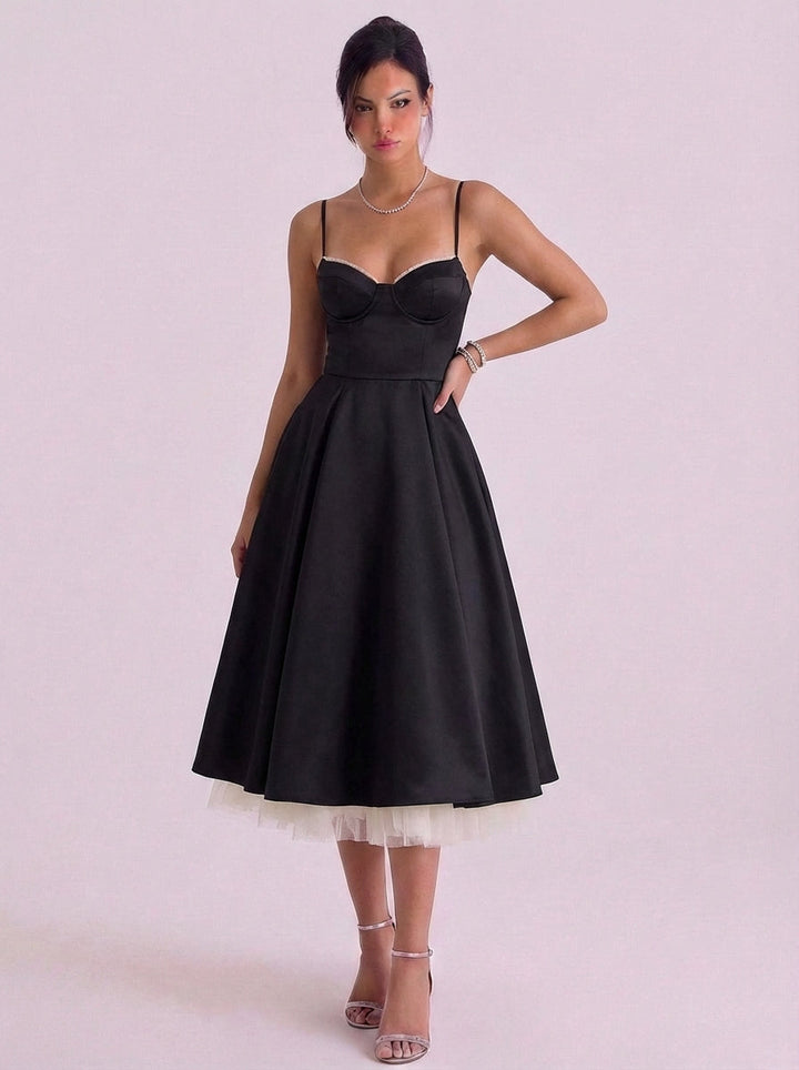 Nathair | Satin Corset Bodice Midi Dress With Tulle Underskirt