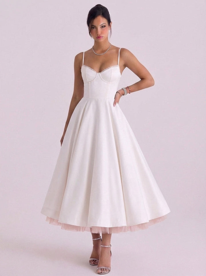 Nathair | Satin Corset Bodice Midi Dress With Tulle Underskirt