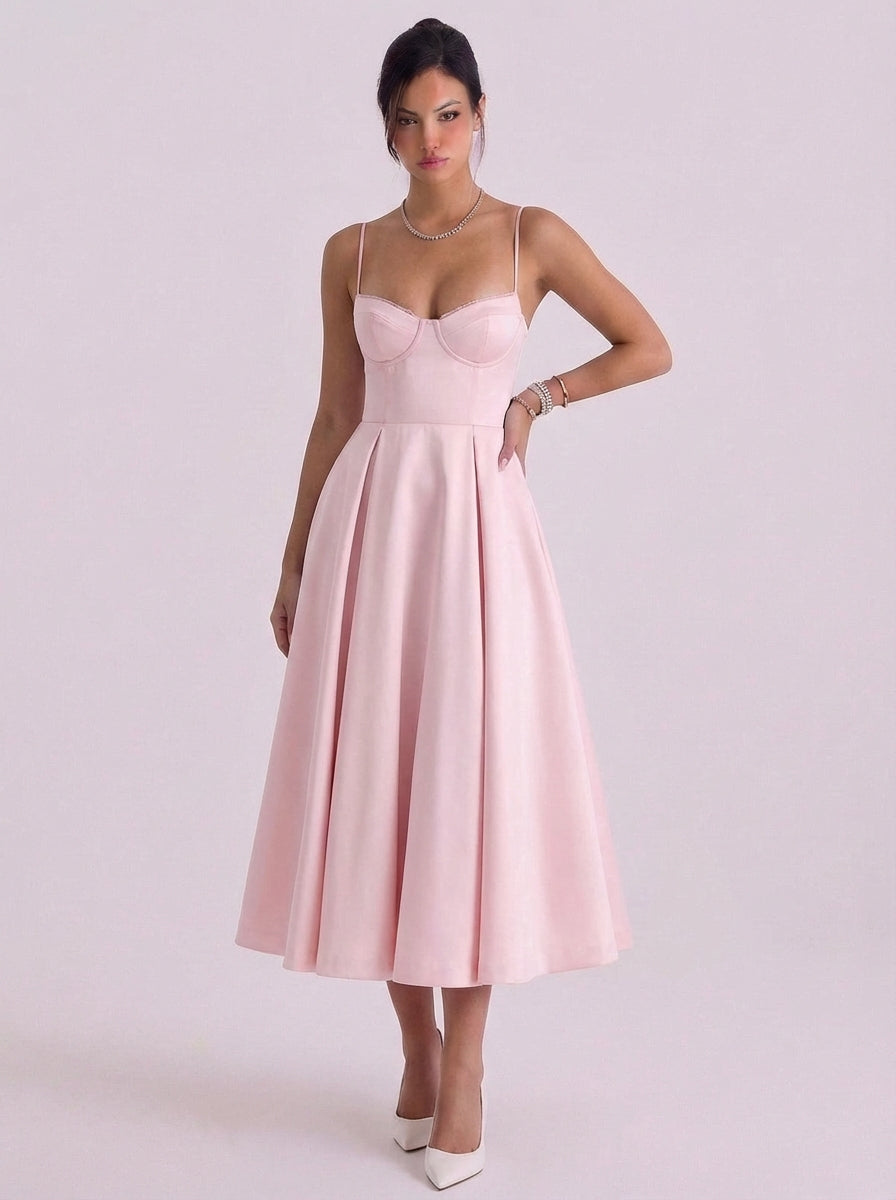 Nathair | Satin Corset Bodice Midi Dress With Tulle Underskirt