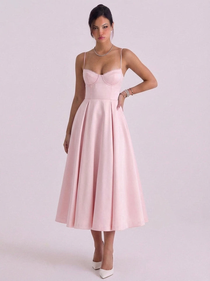 Nathair | Satin Corset Bodice Midi Dress With Tulle Underskirt