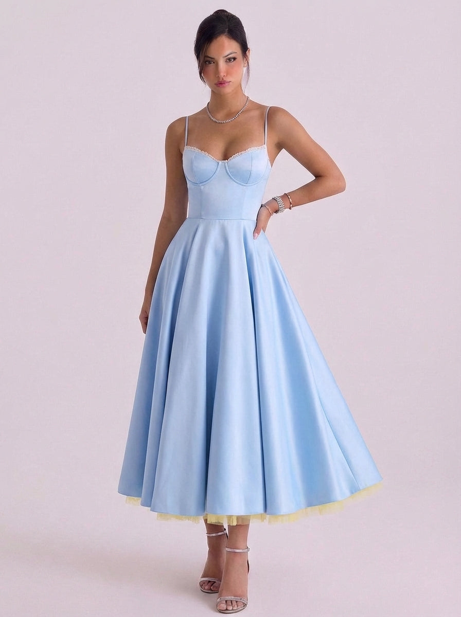 Nathair | Satin Corset Bodice Midi Dress With Tulle Underskirt