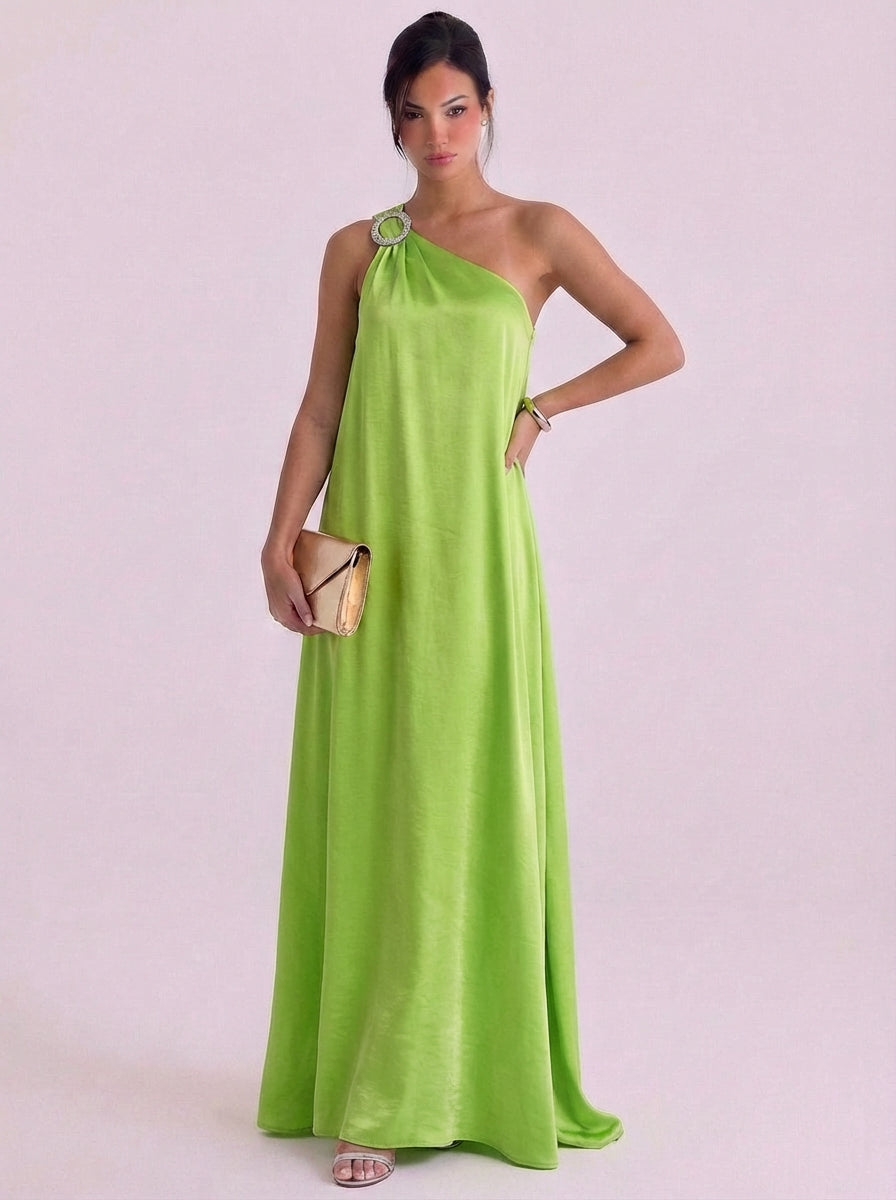 Seonaidh | Satin Crystal Brooch One-Shoulder Gown Floor Length