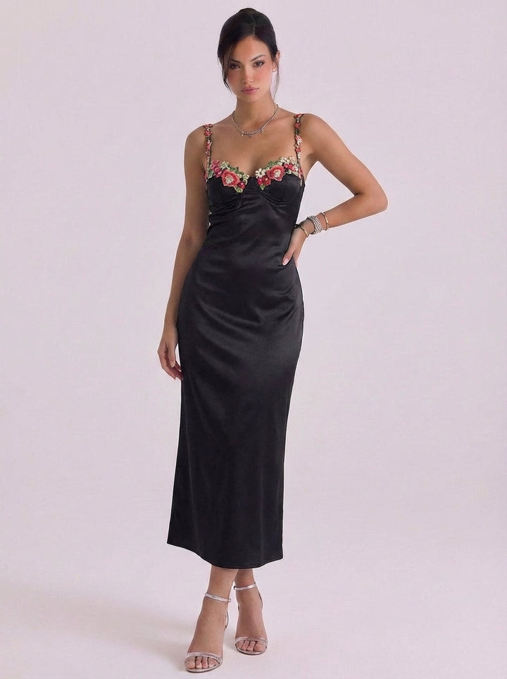 Fearchar | Satin Floral Appliqu Slip Midi Dress