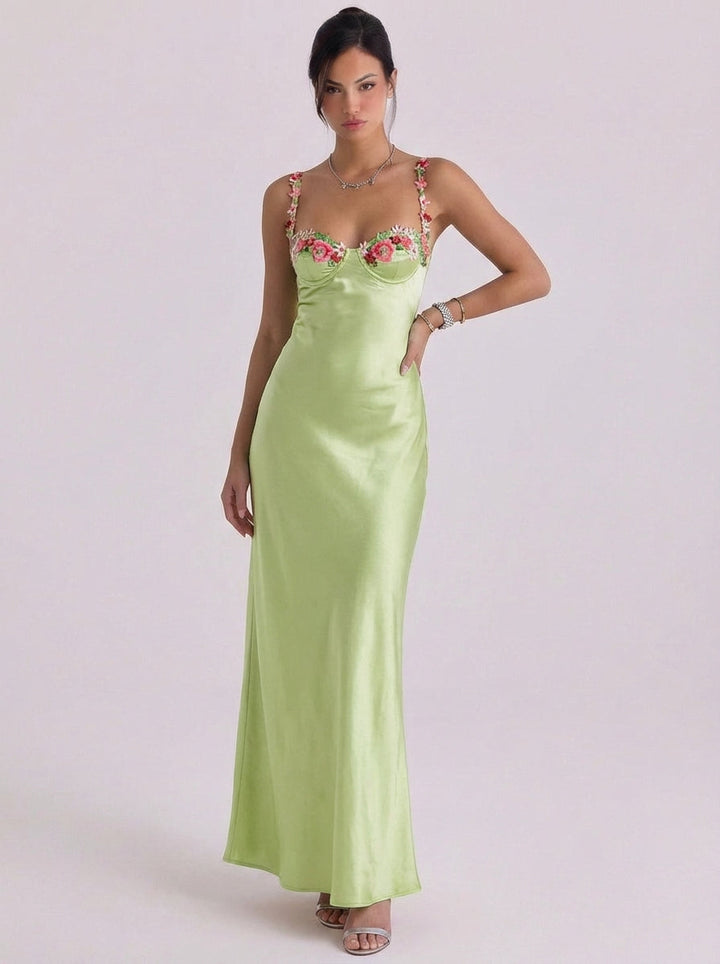 Fearchar | Satin Floral Appliqu Slip Midi Dress