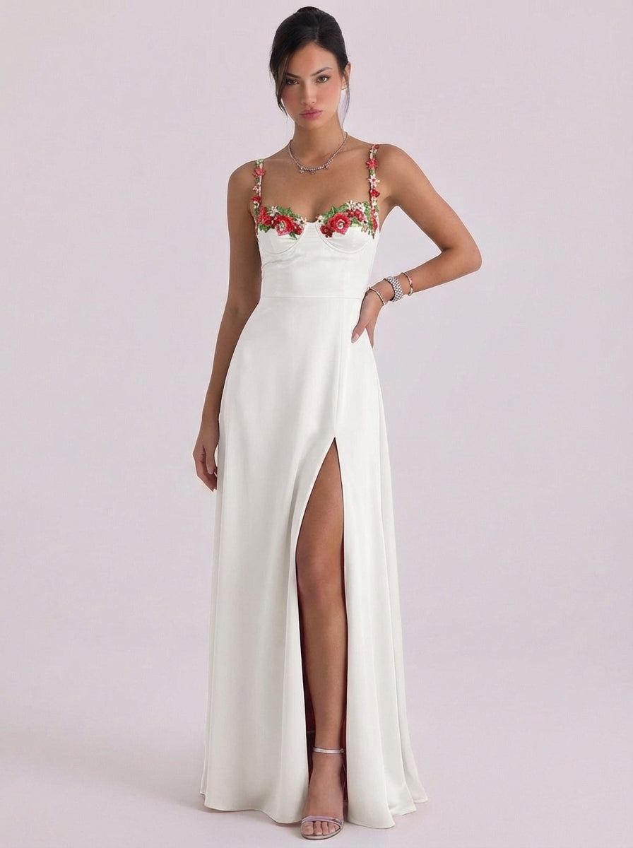 Fearchar | Satin Floral Appliqu Slip Midi Dress