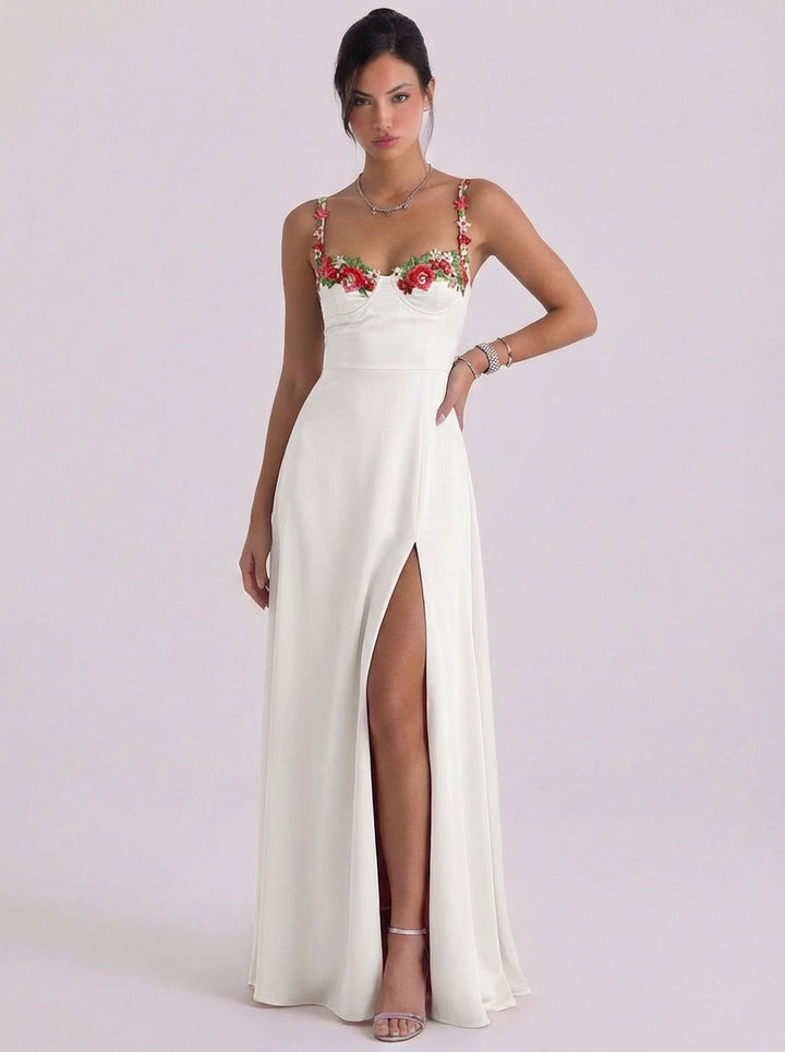 Fearchar | Satin Floral Appliqu Slip Midi Dress