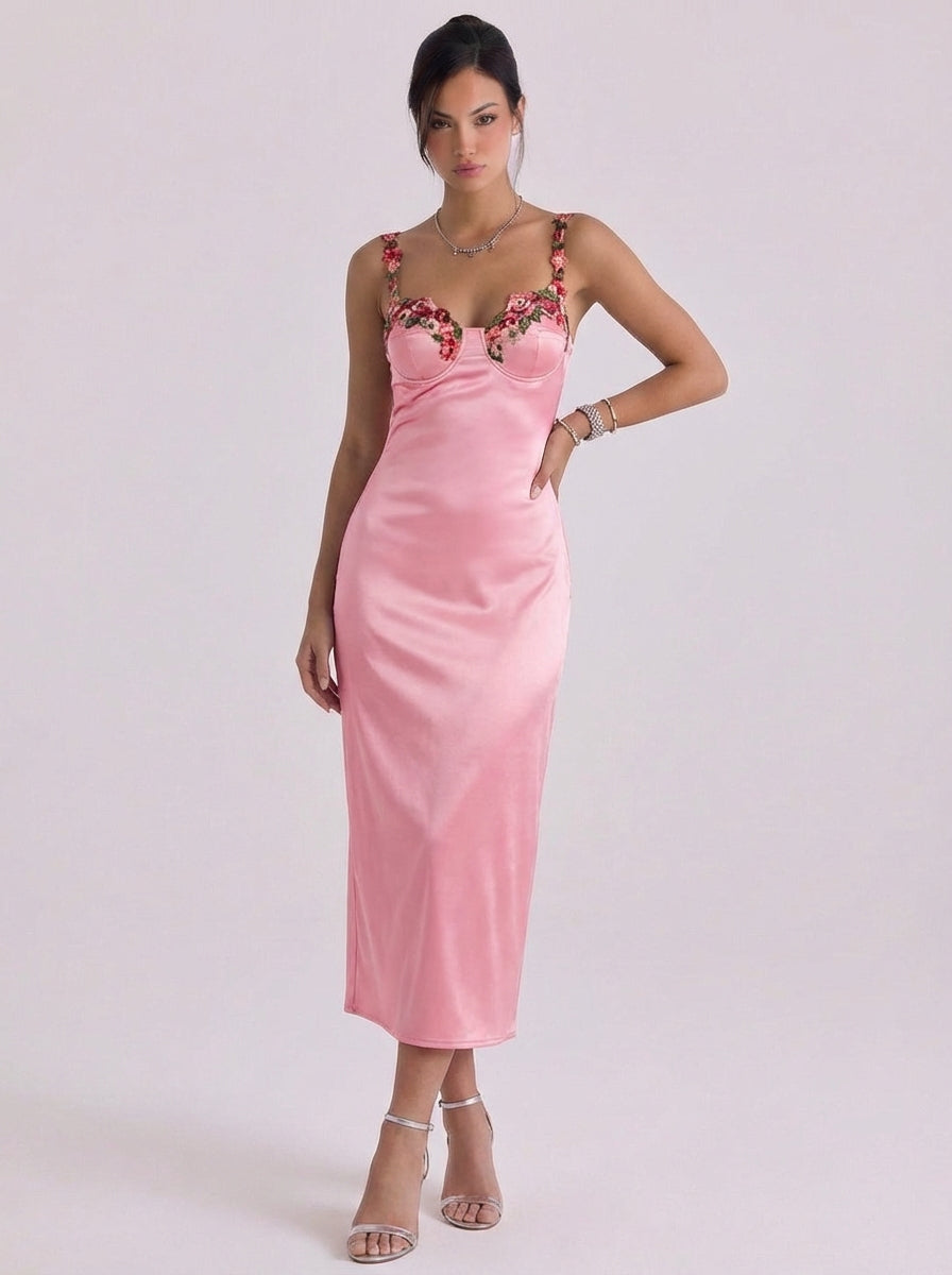 Fearchar | Satin Floral Appliqu Slip Midi Dress
