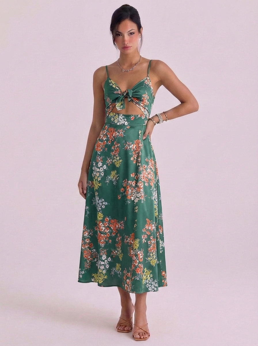 Catriona | Satin Floral Cutout Midi Dress With Tie Front