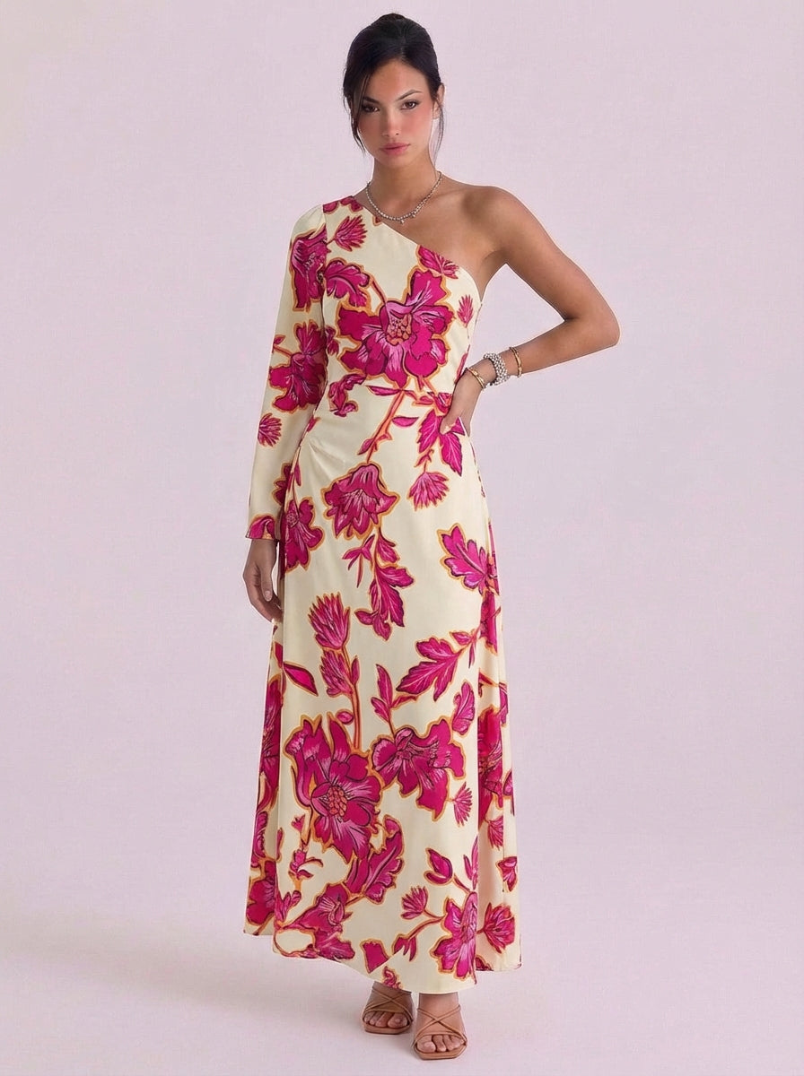 Maeve | Satin Floral Print One-Shoulder Maxi Dress