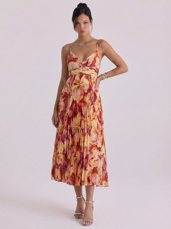 Niamh | Satin Floral Print Pleated Midi Dress