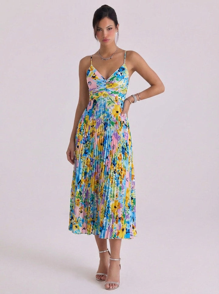 Niamh | Satin Floral Print Pleated Midi Dress
