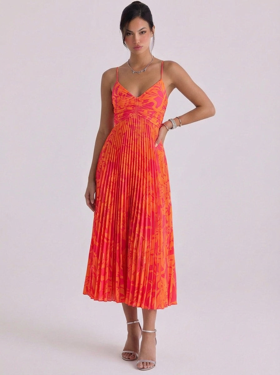 Niamh | Satin Floral Print Pleated Midi Dress