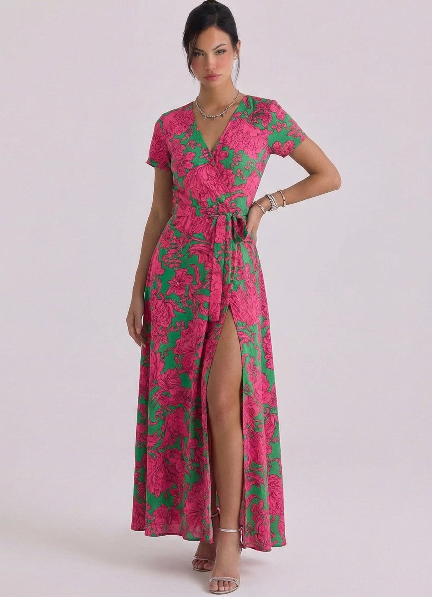 Coinneach | Satin Floral Print Wrap Maxi Dress Short-Sleeve Tie Waist High-Slit