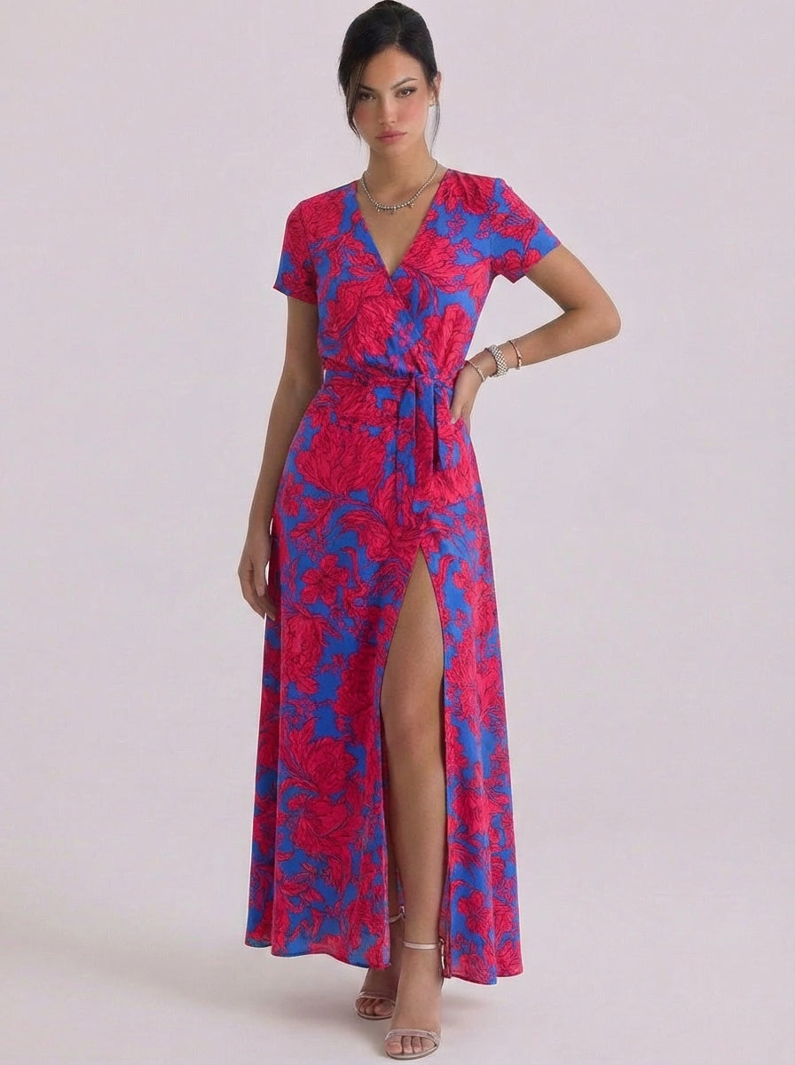 Coinneach | Satin Floral Print Wrap Maxi Dress Short-Sleeve Tie Waist High-Slit