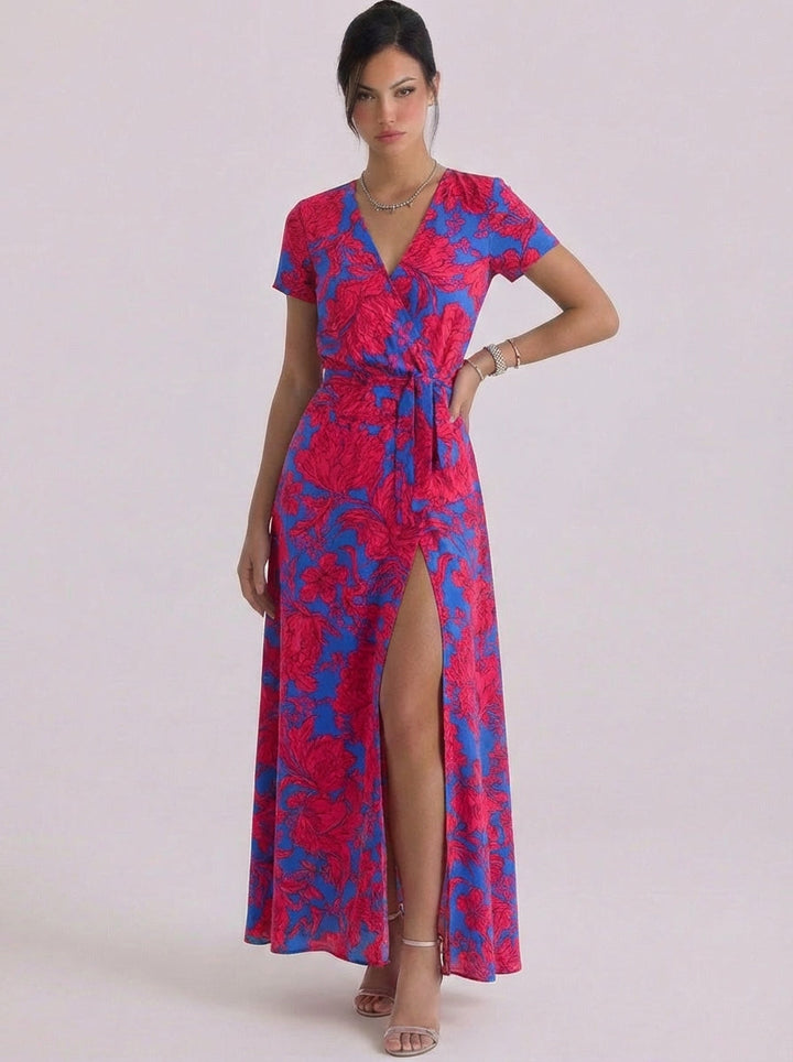 Coinneach | Satin Floral Print Wrap Maxi Dress Short-Sleeve Tie Waist High-Slit