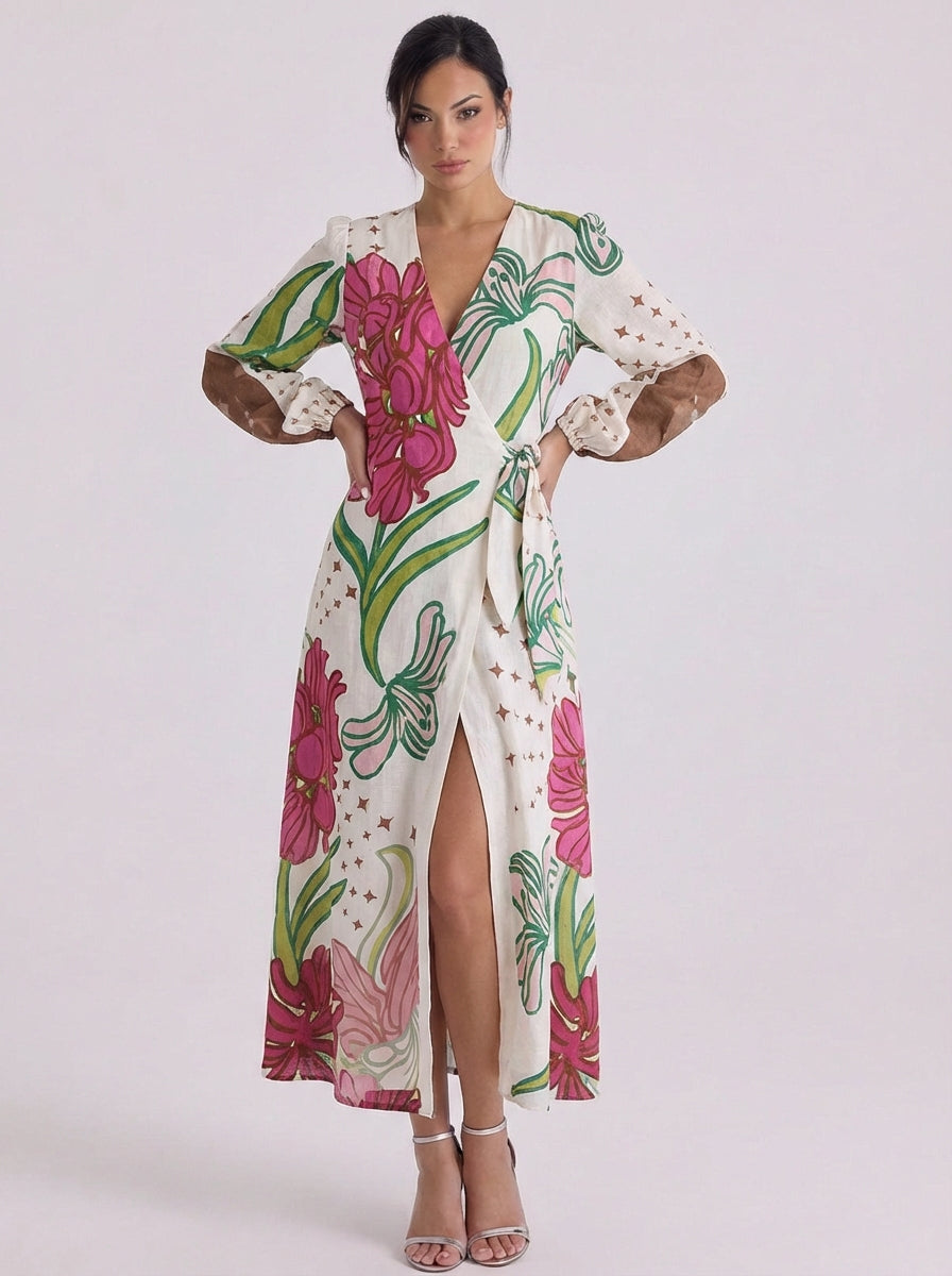 Toirealach | Satin Floral Print Wrap Midi Dress With Puff