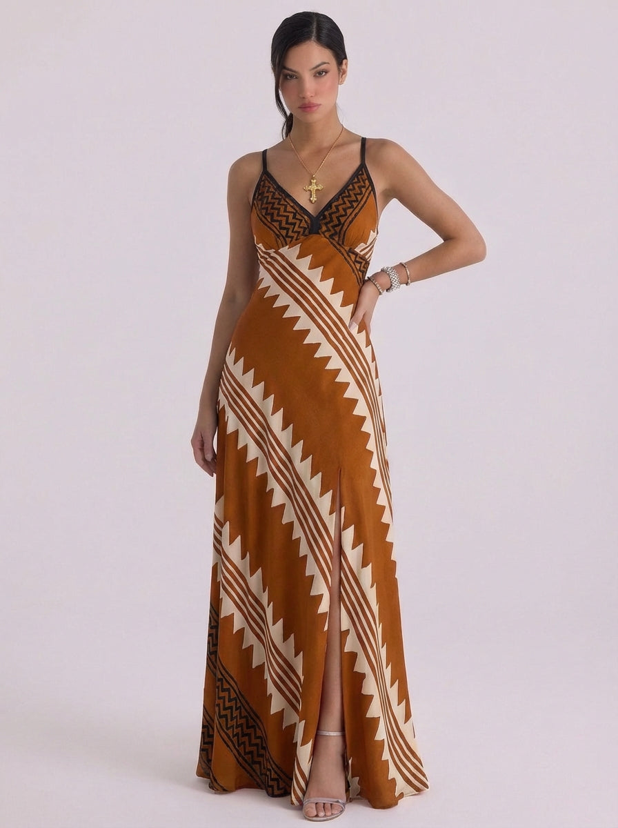 Padraigin | Satin Geometric Print Maxi Dress With High-Slit