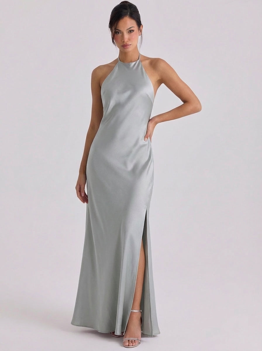 Oighrig | Satin Halter Neck Gown Floor Length Side Slit