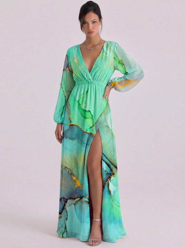Murchadh | Satin Marble Print Deep V Maxi Dress Balloon Sleeve High-Slit