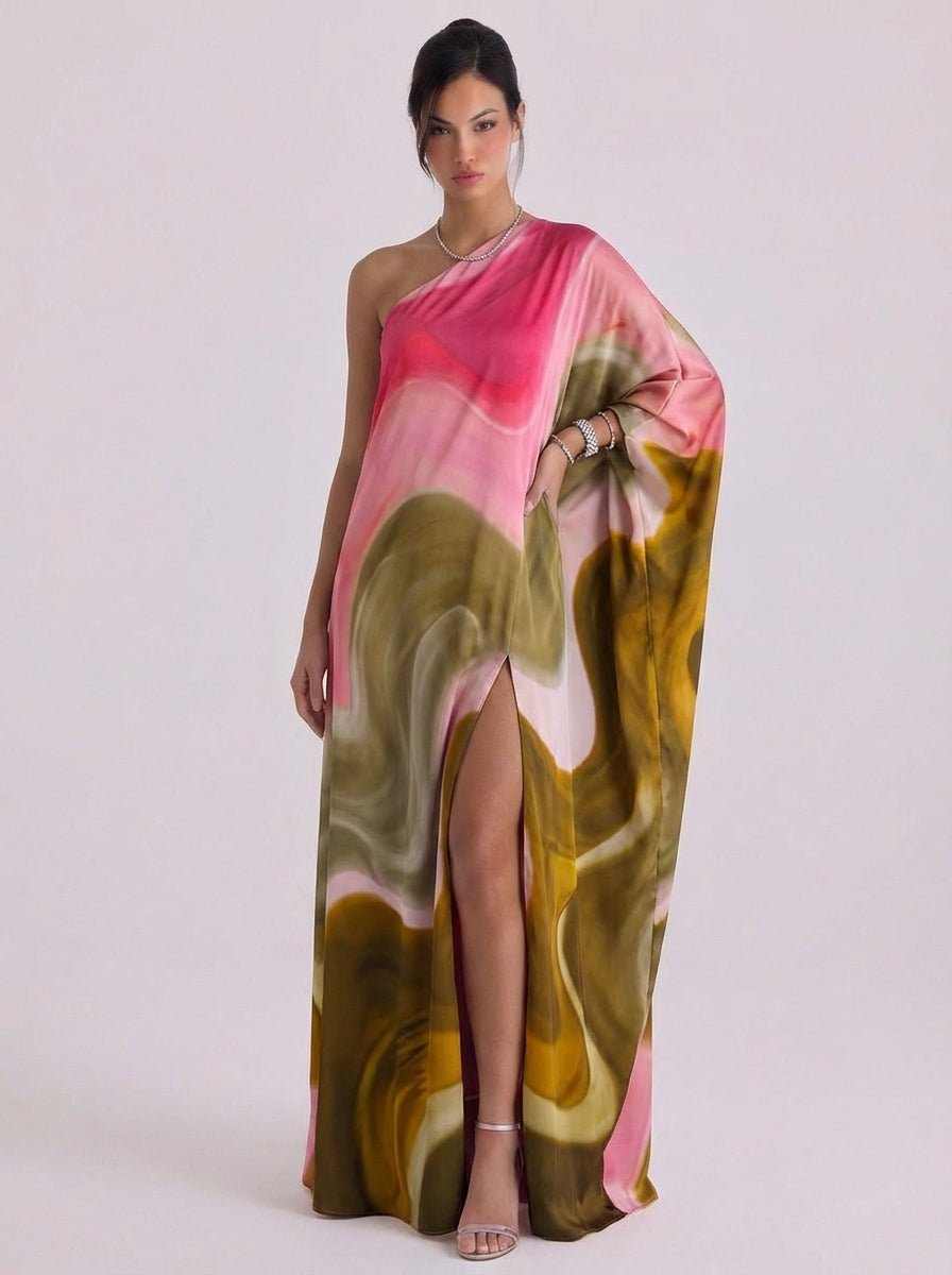 Aine | Satin Ombre Print One-Shoulder Caftan Maxi Dress