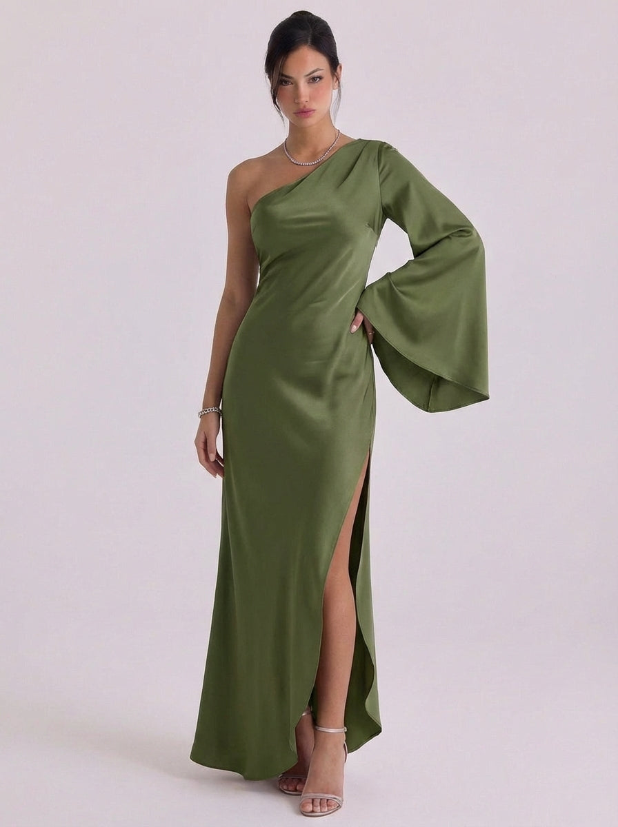 Mairead | Satin One-Shoulder Bell Sleeve Gown High-Slit