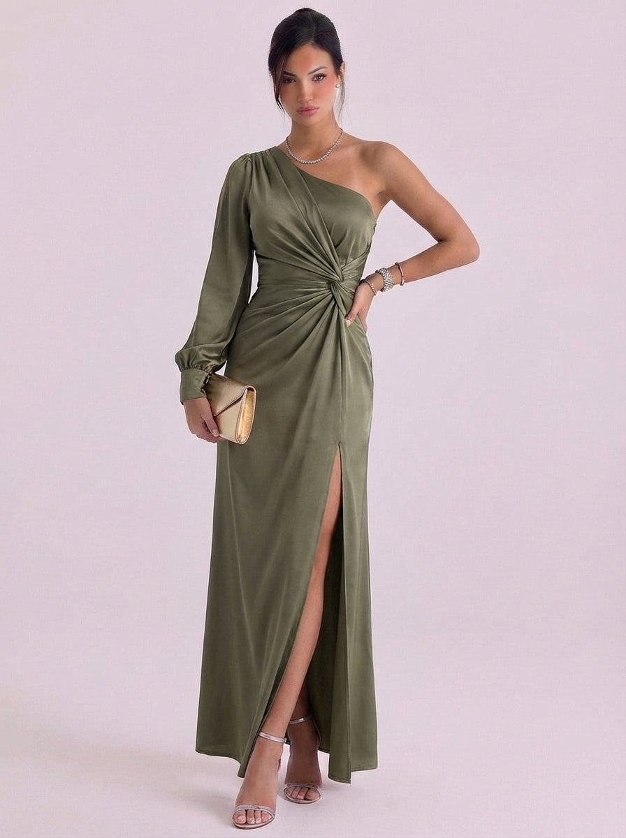 Uilleag | Satin One-Shoulder Long-Sleeve Gown Floor Length