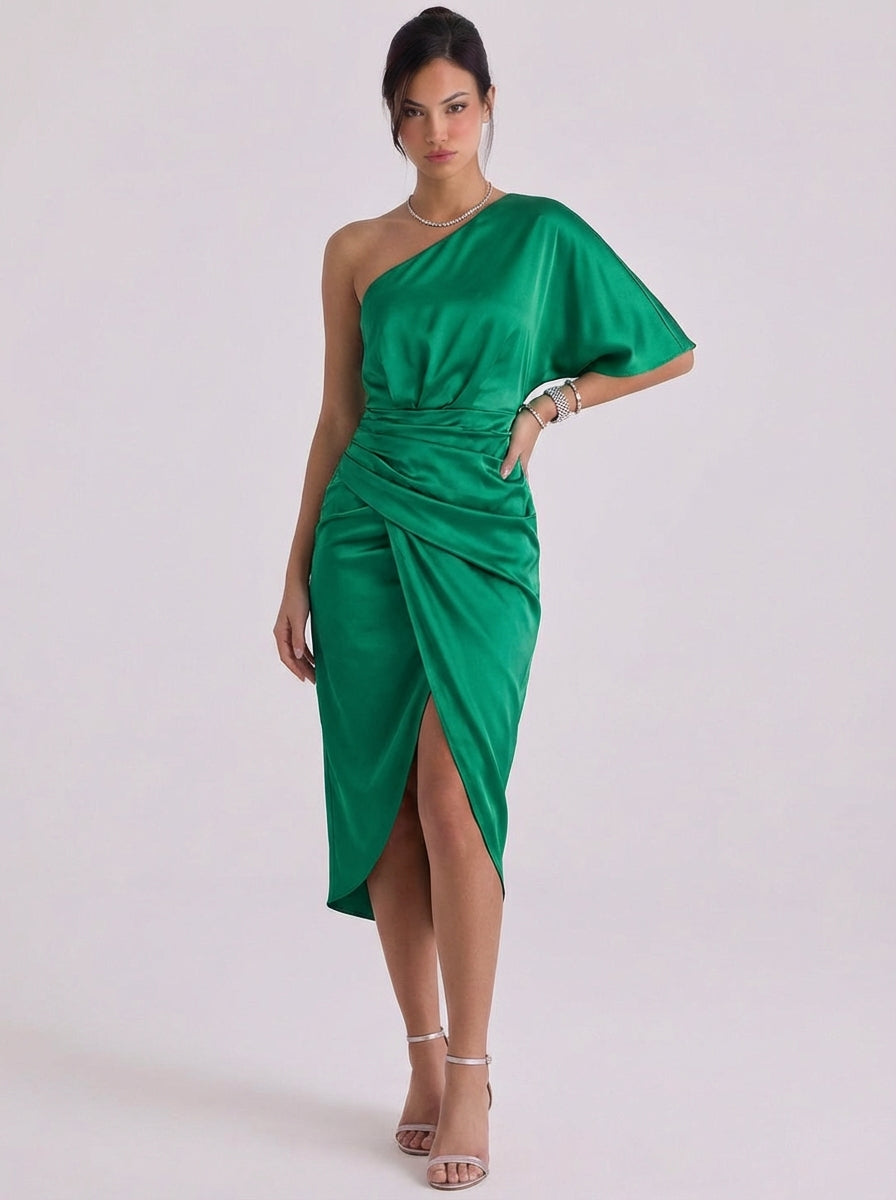 Eilidh | Satin One-Shoulder Midi Dress With Draped Detail