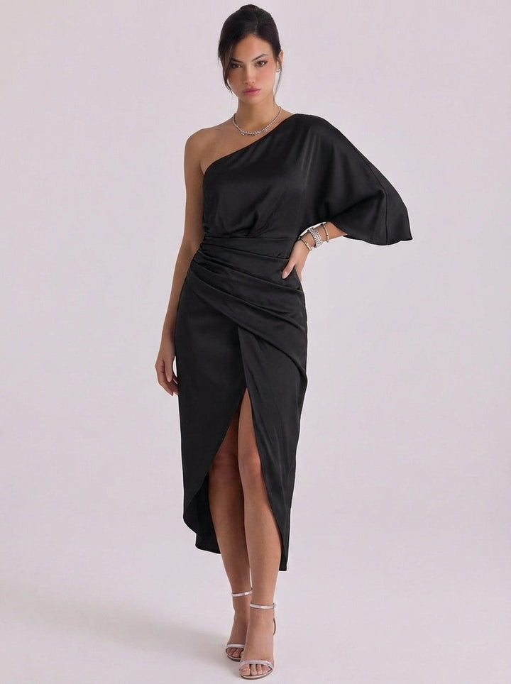 Eilidh | Satin One-Shoulder Midi Dress With Draped Detail