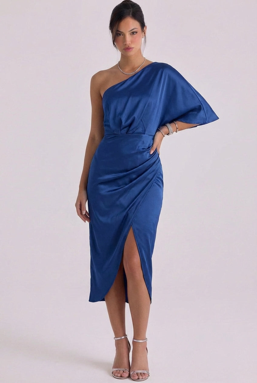 Eilidh | Satin One-Shoulder Midi Dress With Draped Detail