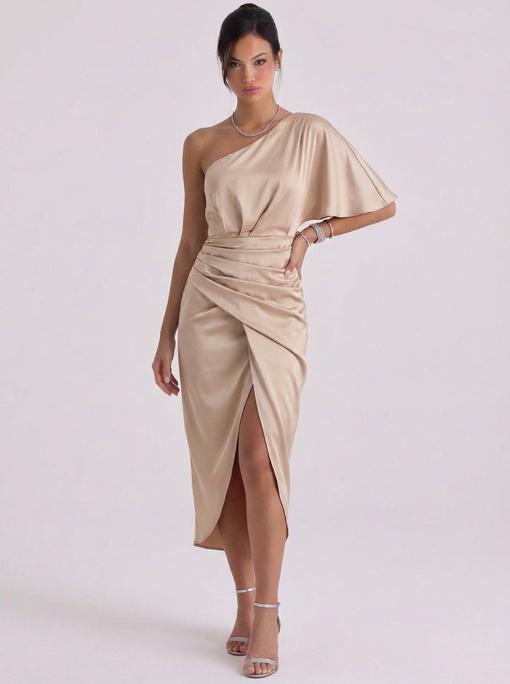 Eilidh | Satin One-Shoulder Midi Dress With Draped Detail