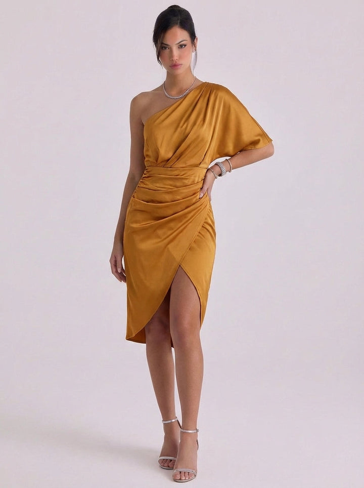 Eilidh | Satin One-Shoulder Midi Dress With Draped Detail