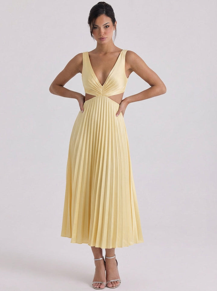 Oighrig | Satin Pleated Cutout Midi Dress