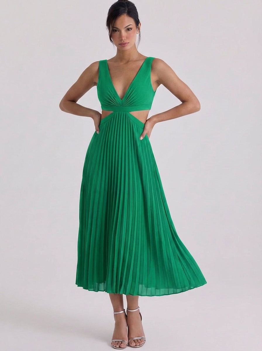 Oighrig | Satin Pleated Cutout Midi Dress