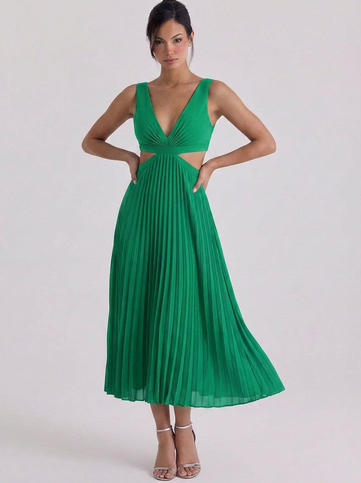 Oighrig | Satin Pleated Cutout Midi Dress