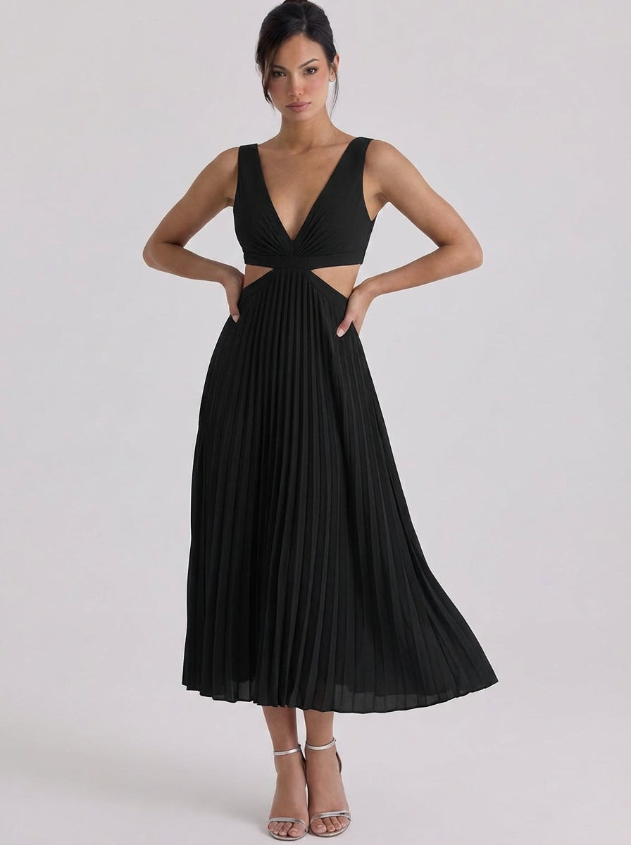 Oighrig | Satin Pleated Cutout Midi Dress