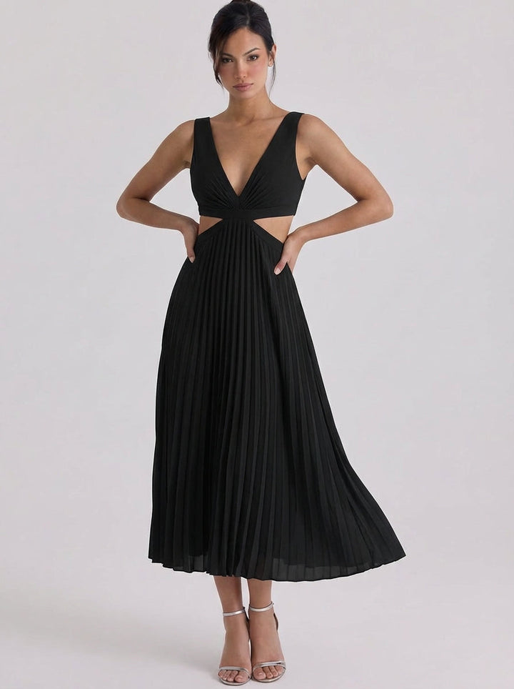 Oighrig | Satin Pleated Cutout Midi Dress
