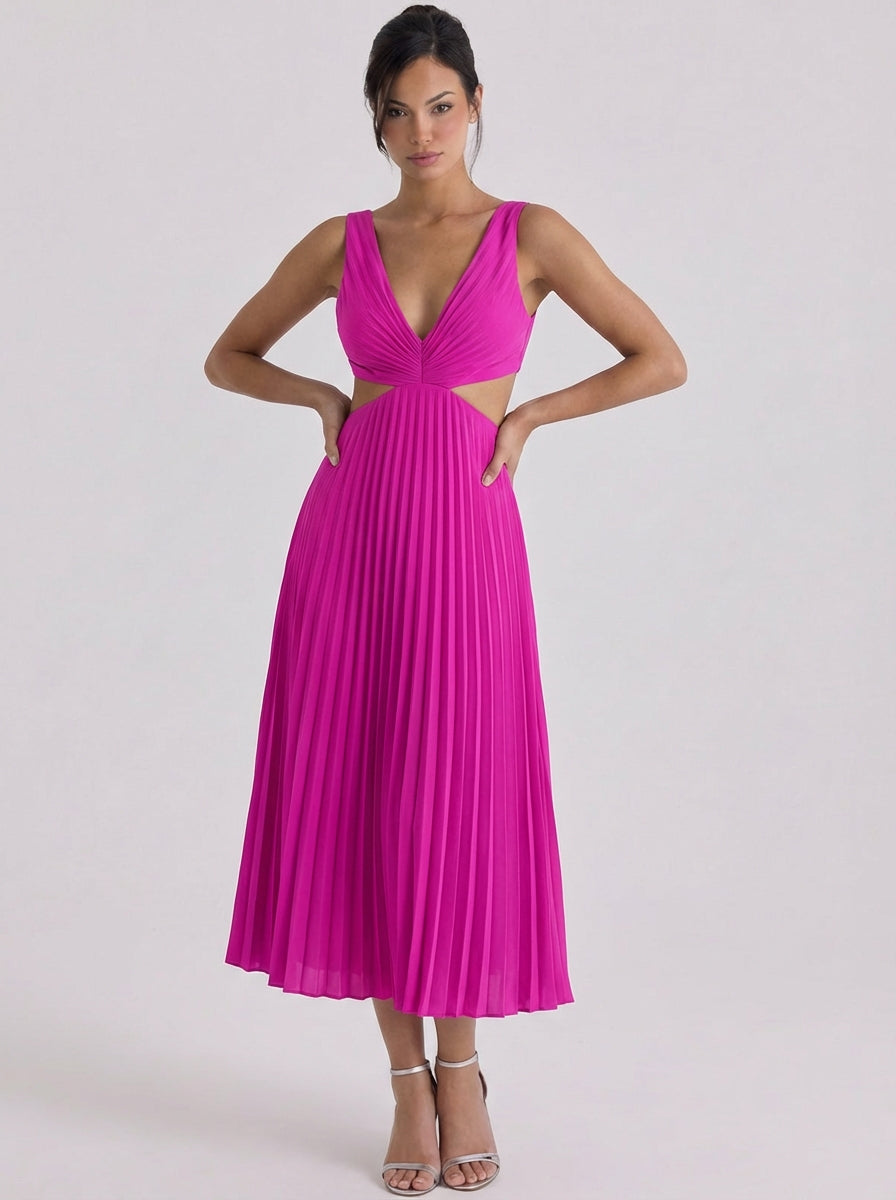 Oighrig | Satin Pleated Cutout Midi Dress