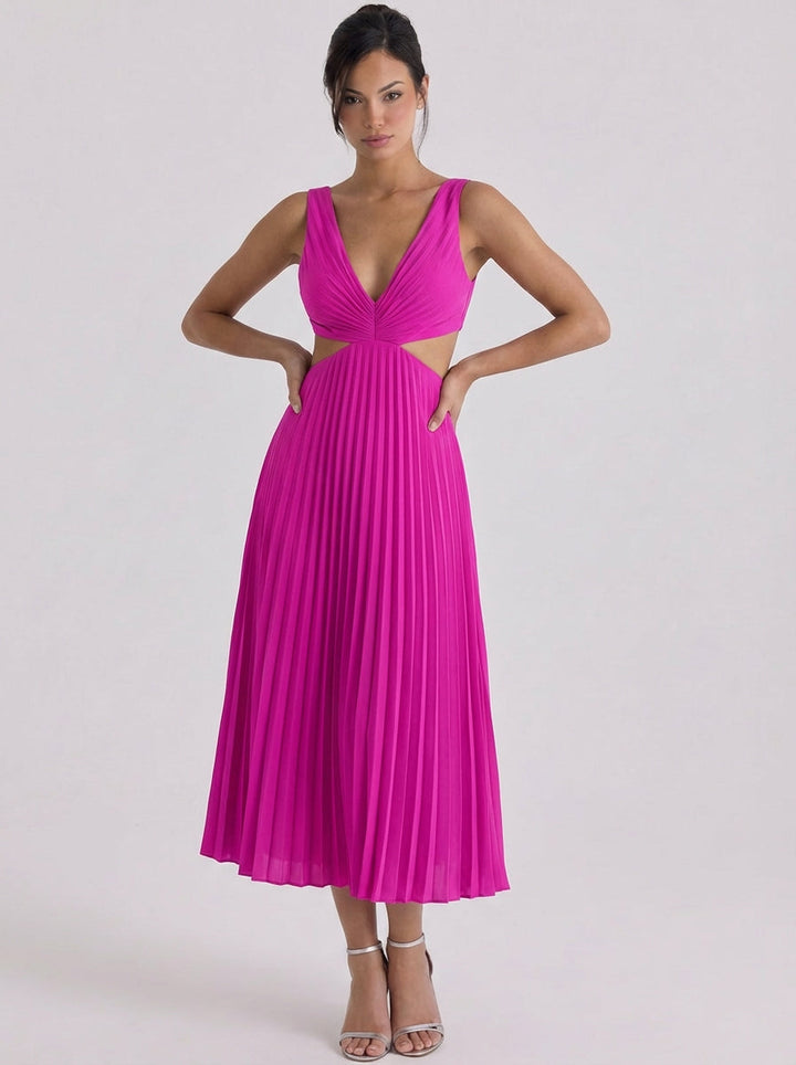 Oighrig | Satin Pleated Cutout Midi Dress