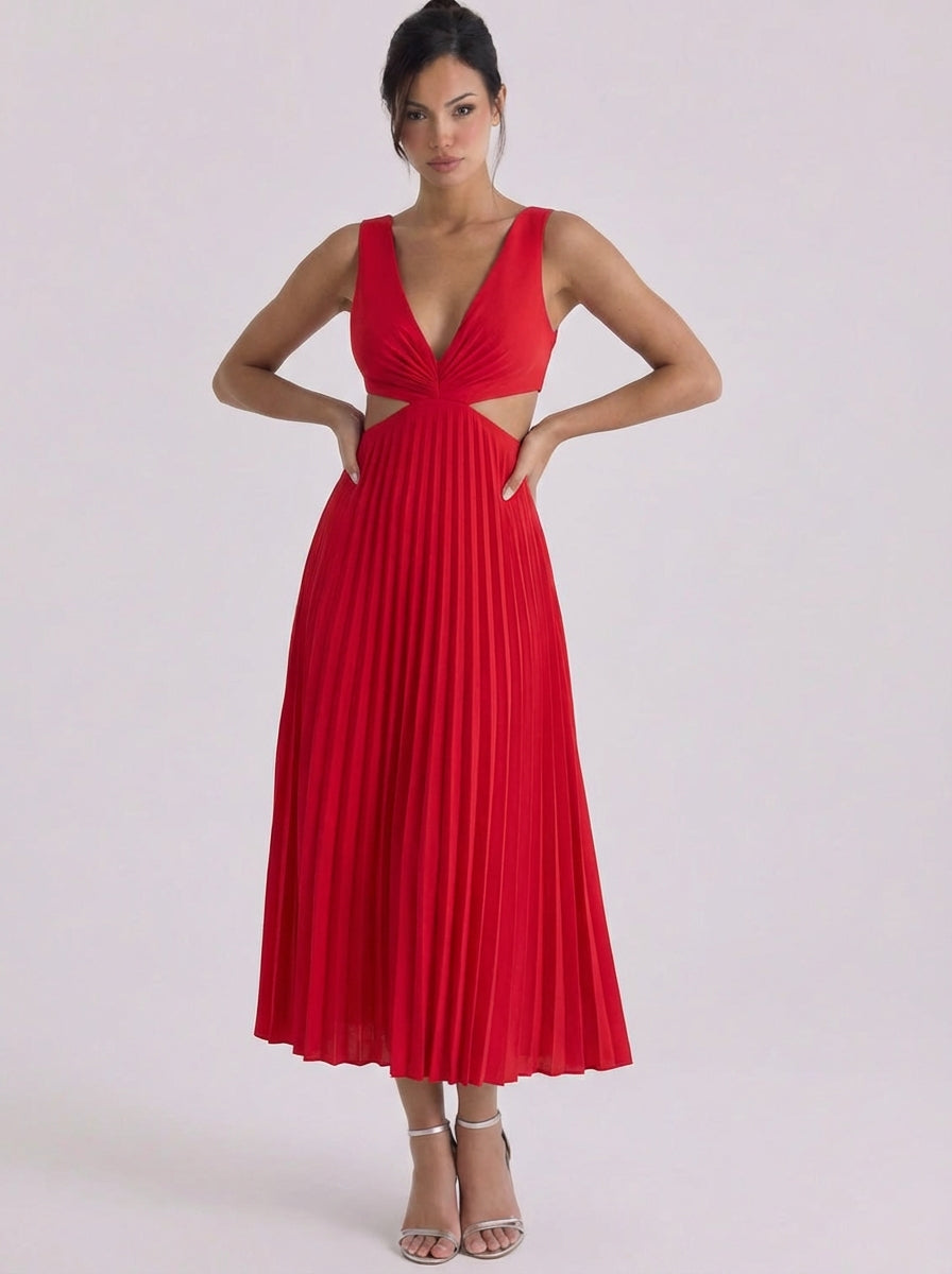 Oighrig | Satin Pleated Cutout Midi Dress